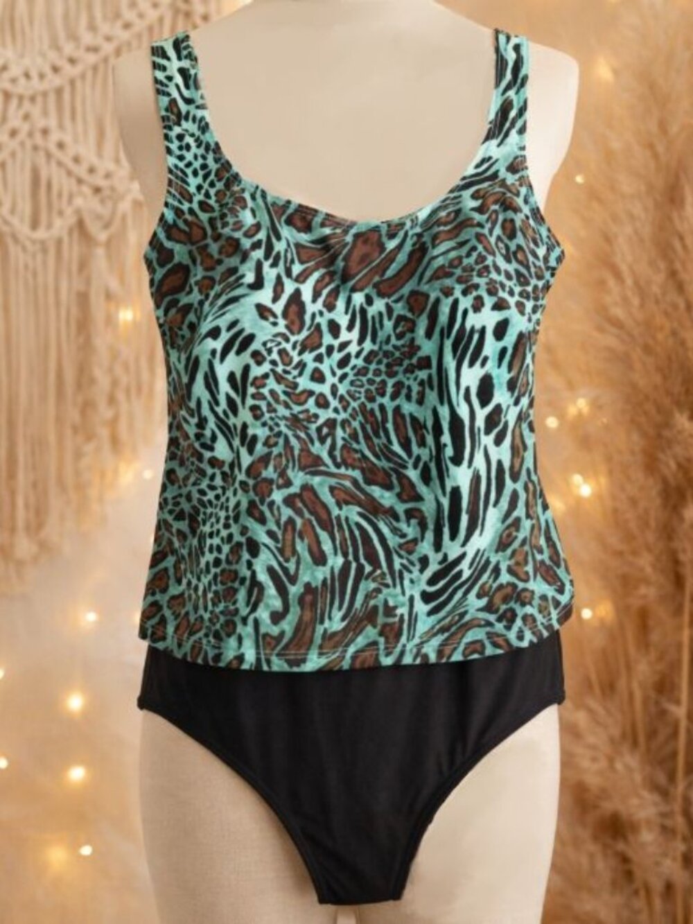 Island Pearls Turquoise Animal-Print One-Piece Swimsuit 12 Tropical Retro Beachy
